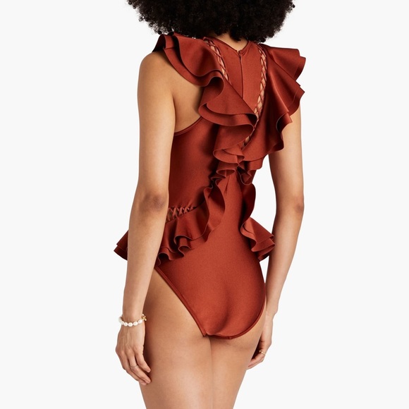 NWT - Zimmermann - Lattice-trimmed Ruffled One Piece Swimsuit - Brick - Picture 2 of 12